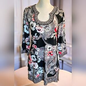 WHBM Paisley Floral Tunic Embroiderd Neck/Hem. Metallic Silver Accent. Sz. L